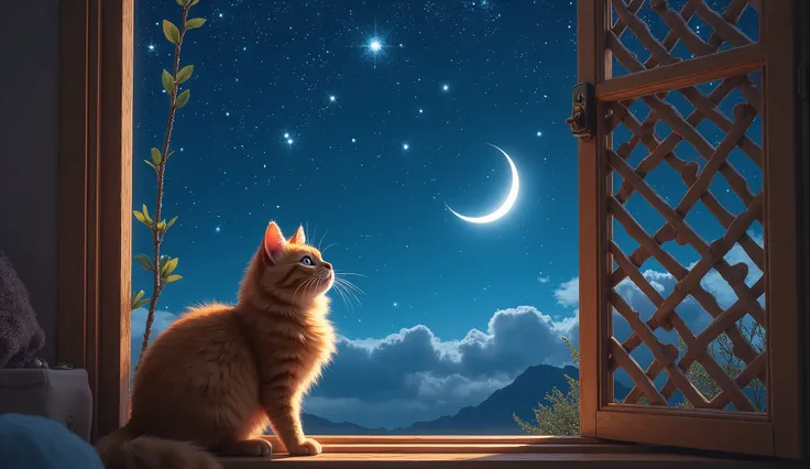 wooden lattice window 、Brown fluffy cat sitting by the window and looking up at the night sky、 Fantastic、 fantasy style 、Realistic、 starry sky 、moon、