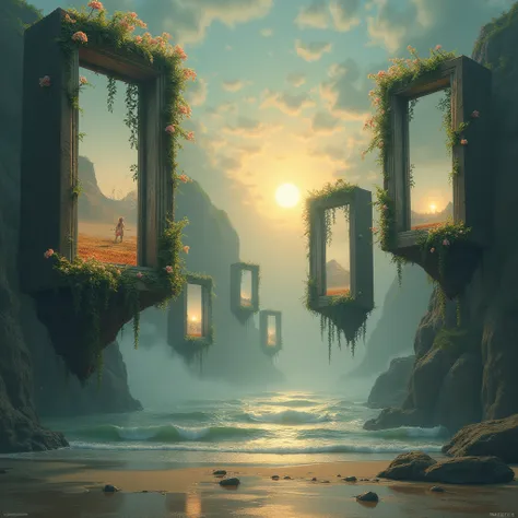 surreal and abstract photo of multiple floating open ancient windows, showing a different beautiful place inside them, flowers with long stalks are coming out of the open windows, the windows are floating over a mysterious calm beach, the mysterious sky is...