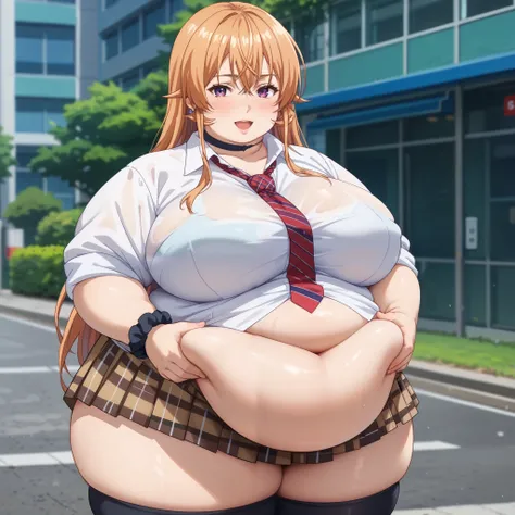 Close mouth, Mature female, fit girl, score_9, score_8_up, score_7_up, score_6_up, score_5_up, score_4_up, BREAK source_anime,1girl,erina nakiri, long hair, orange hair, hair between eyes,(purple eyes), shinny eyes,huge breasts, 1girl, jewelry, necktie, ea...