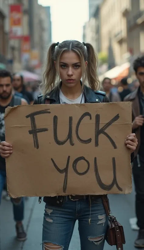 A girl holding a sign with the word “FUCK YOU”