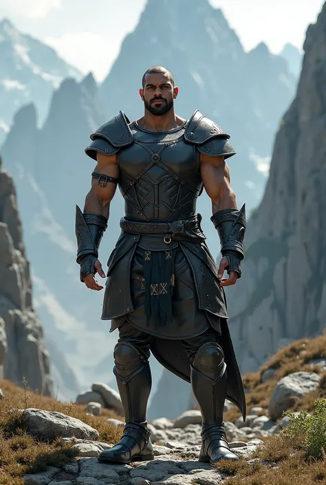 A young athletic man in dark grey leather armor, standing in a mountainous surrounding