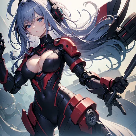 (masterpiece), best quality, 1girl, solo, anime girl standing, big boob, half body portrait, official character art, mature lady, closed mouth, emotionless face, random color hair with random color highlight hair, random color eyes, mechanize armor, robot ...