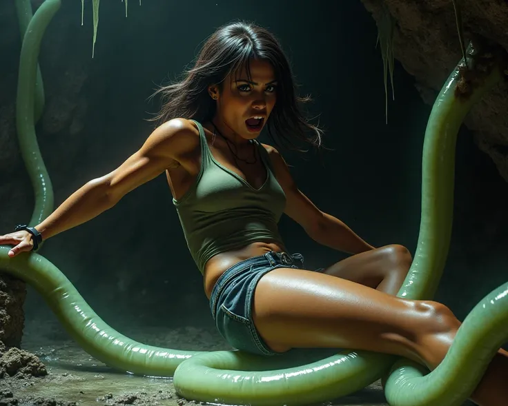 Lara Croft is being eaten by giant slime。
 she is screaming in so much pain。
She has wide open thighs。
A worm is slurping Lara Croft 。
Live action style
crying and asking for help 