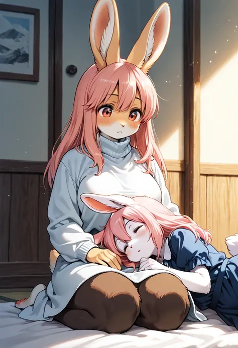 2girls, (furry, kemono:1.4), rabbit girl, animal nose, rabbit ears, multiple girls, sitting, seiza, lying, sleeping, yuri,
