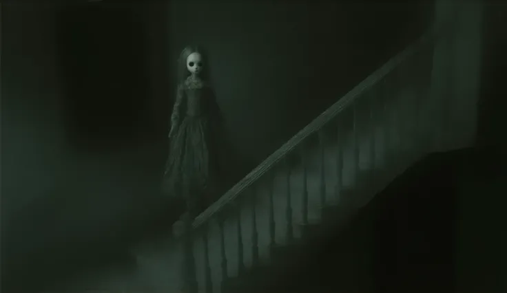 Creepy Victorian doll standing at the top of the stairs in an abandoned mansion staring down the stairs at viewer, evil intentions, horror art, haunting, high detail, masterpiece.