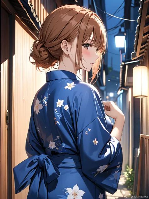 Back Alley, blush, yukata, ( Misaka Mikoto), masterpiece:1.5, masterpiece, highest quality, UHD, retina, masterpiece, accurate anatomy, super detailed, high quality, best quality, 8k