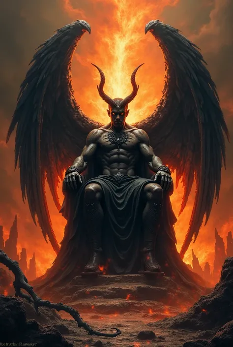 Lucifer sitting on his throne ,  in a dark and burning place all around