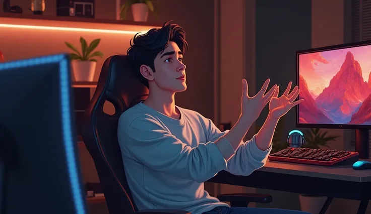 A Young man is sitting in his gaming studio and saying something and explaining it with his hand