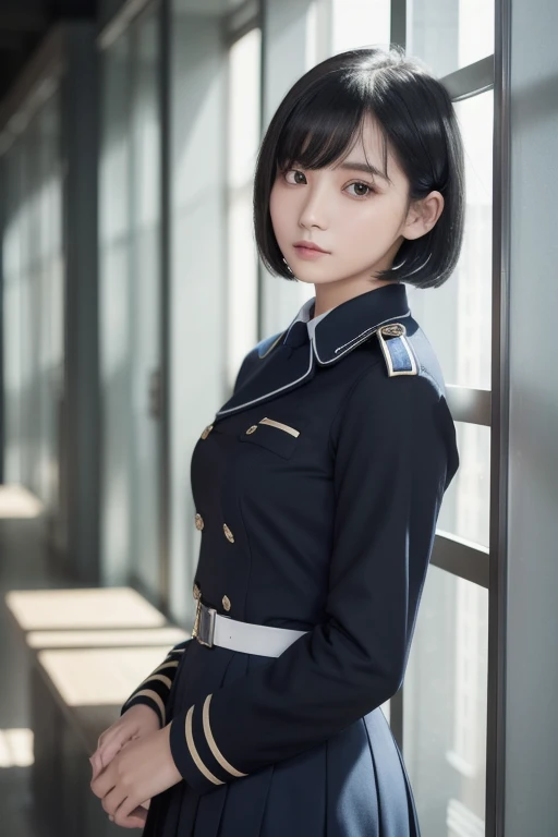 ( Highest Resolution ,  clear_ images)  best quality ,  single person ,  one woman, Alone, Masterpiece,  very detailed,   semi-realistic  ,  Short Black Hair ,  black hair, bangs, 18 years old,  mature, light blue uniform, uniform, Indoor Background,  kind...