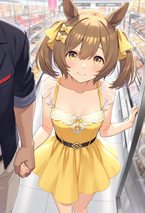 very awa, masterpiece, best quality, newest,  highres, absurdres、 smart falcon 、 smart falcon 　Uma Musume、 1 、 very small breasts、 yellow dress、smile、 shopping mall、 ONE FAT MAN、Man and girl holding hands 、Man with a rough snort 、Happy man