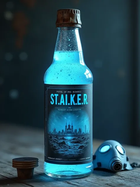 Packaging design, to come up with and depict a bottle with drinking electricity, a transparent glass bottle with a light blue liquid with small electrical poisons, a label on the bottle with the text "S.T.A.L.K.E.R." and the text "Anomalous Energy", the te...