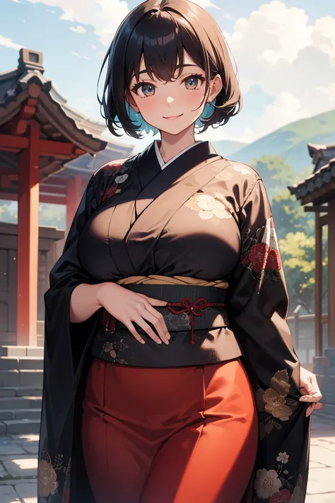     Shrine grounds  , Clear sky with white clouds, Kimono costume,   blur background, Mother, Big Breasts , smile,  Glitter Effects  ,  best quality , 8k,   high resolution, masterpiece:1.2,   very detailed,  exist:1.37,   high resolution, 超  high resoluti...