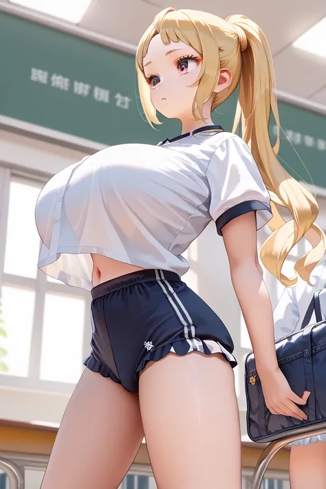  gals, high school students,Big Breasts,Gym clothes,Bloomers,Schoolyard, thighs, blonde, long hair,  ponytail, Bang Bangs,  Princess Cut, Foreheadの前髪, Forehead, high resolution,  anatomically correct,  best quality,  Textured Skin,  ultra high definition, 