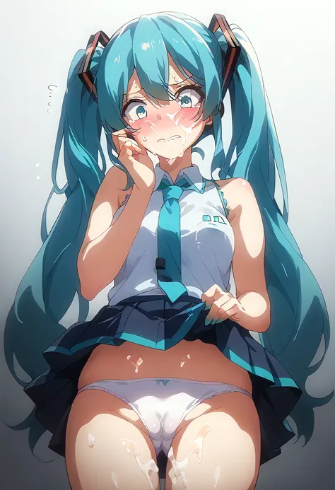 masterpiece, high resolution, best quality,8k( takeda hiromitsu style)
(miku hatsune,aqua eyes,aqua hair,long hair,twintails)
(sleeveless shirt,pleated skirt)(lowleg White panties,cameltoe)
( Embarrassing,Embarrassed)
(skirt lift up,Bukkake)
