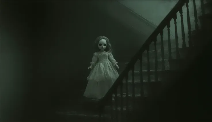 Creepy Victorian doll standing at the top of the stairs in an abandoned mansion staring down the stairs at viewer, evil intentions, horror art, haunting, high detail, masterpiece.