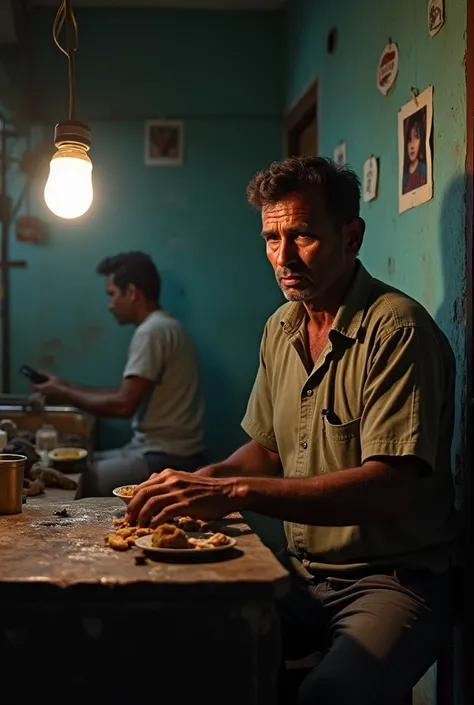 Create clear and attractive real people photo of this scene in good and developed city "Scene 3: Hard Work and Poverty
Image Description:
The father works late into the night in a factory or as a laborer, his face lined with sweat and exhaustion. A small p...