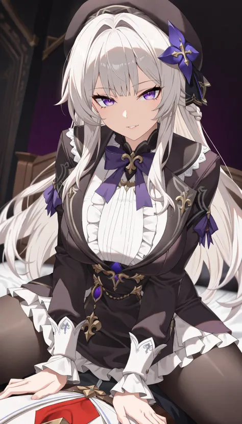 (best quality:1.3), (masterpiece:1.3), (dynamic angle:1.2), (ultra-detailed:1.3), absurdres, 1girl, (the_herta_\(Honkai:_star_rail\):0.7), mature_female, tall, purple_eyes, (white hair:1.2), hair_ornaments, long_hair, black_dress, dress, purple_bowtie, lon...