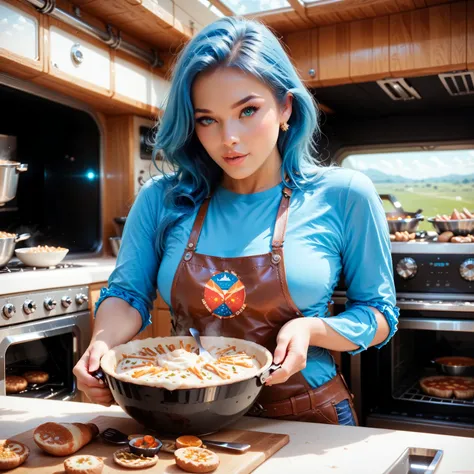 funny woman cooking food in the microwave in the spaceship long blue hair bright shirt opened with hot pants and cowboy boots