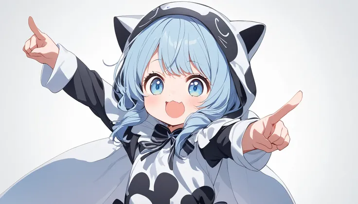  best image quality　 simple white background　 cute女　　 light blue hair　solo　 baby　　 cute　　Cat costume pose with hope　Pointing