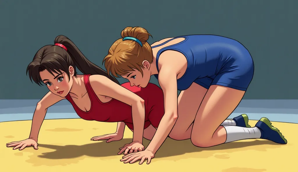 ultra detail, anime style. Match from the nineties . a female in a red freestyle wrestling singlet is on all fours in the center of the mat, and a female in a blue freestyle wrestling singlet is holding it from behind