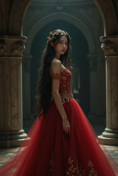 Young woman delocate. Hair with white highlights, Black, long, decorations. White skin and Green eyes. Delicate ball gown, without volume, in red and gold, shine. Night, castle. Full body image.
