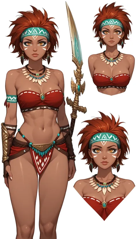 Solo, dark skinned girl, really short hair, spiked hair, auburn hair, golden eyes, Feathered Tribal Headband, Feathery Angelic Clothes, Tribal Makeup, Jeweled golden necklaces, Jeweled gauntlets, ((eye focus)), ((breast focus, crotch focus )) ((green magic...