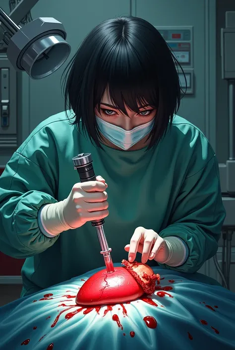 surgical tool suction(The inhaler )Female character with short black hair and a bloody surgical suit wearing a surgical mask and undergoing heart surgery with clamps