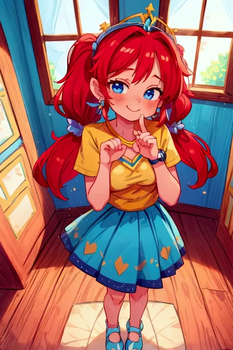 (masterpiece, best quality), 1girl, blue t-shirt,  short skirt, red hair, two ponytails, cute face, blue eyes, standing, indoor, intricate detail, sunlight, multicolor flower tiara, sexy pose, blue and white shoes, earrings, elegant hand watch, smile, coqu...