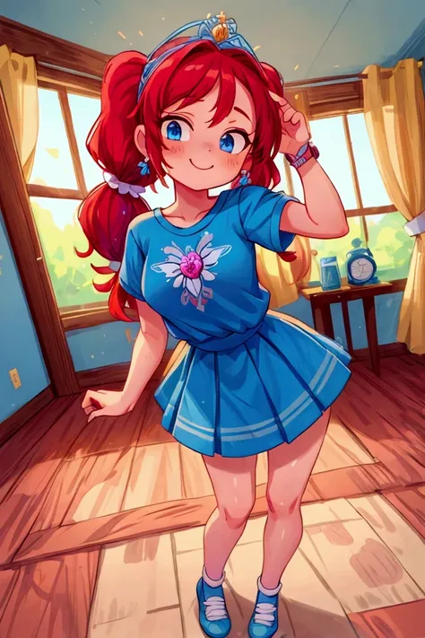 (masterpiece, best quality), 1girl, blue t-shirt,  short skirt, red hair, two ponytails, cute face, blue eyes, standing, indoor, intricate detail, sunlight, multicolor flower tiara, sexy pose, blue and white shoes, earrings, elegant hand watch, smile, coqu...