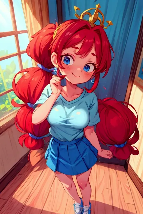 (masterpiece, best quality), 1girl, blue t-shirt,  short skirt, red hair, two ponytails, cute face, blue eyes, standing, indoor, intricate detail, sunlight, multicolor flower tiara, sexy pose, blue and white shoes, earrings, elegant hand watch, smile, coqu...