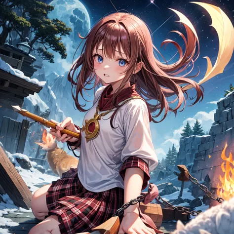 pink brown hair、 blue eyes、 with hair tied、Two cute、 Plaid Mini Skirt、 BLACK T-SHIRT、 light clothing、 One Piece、 camisole、 high socks、Teeth are visible、The stone is cracked、 the road is crooked、Mountain々、diagonal、 monsters、fog、 Aurora、moon、 shooting star、n...