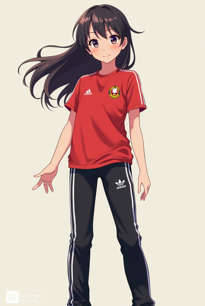 Anime girl is standing with red shirts and black  adidas long pants