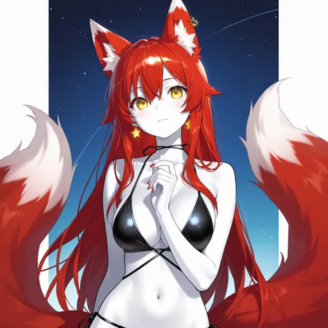    1 girl 、 Red Hair、   long hair 、  yellow eyes、   high resolution、 Super Fine、  beautiful breasts 、 whole body、 beautiful  white skin、  red nails 、   stylish body 、   white skin、  fox ears、  Fox Tails  、、    star ear earrings   、、 fox ornament 、Front  、 ...