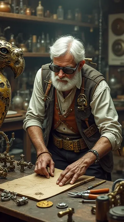 Steampunk tinkerer, a male with white hair and short white beard, goggles, gadgets/pockets/gizmos on his clothing, building a large robotic owl on a bench in a workshop