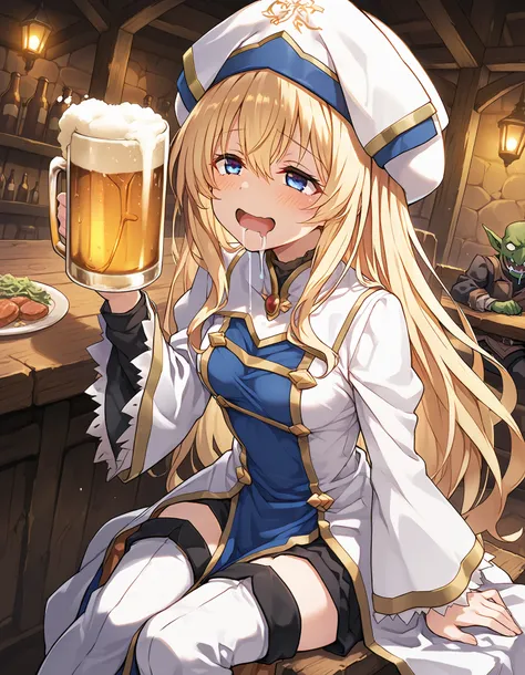 score_9, score_8_up, score_7_up, anime_source, priestess(goblin_slayer),blonde hair,blue eyes,hat,white headwear,long sleeves,hair between eyes,thigh boots,wide sleeves,small breasts,(drooling:1.5),(drunken eyes:1.3),(Drinking Beer from mug),sitting,Tavern...