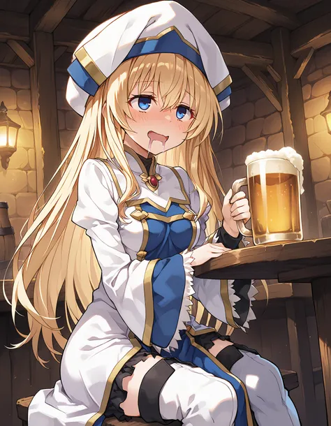 score_9, score_8_up, score_7_up, anime_source, priestess(goblin_slayer),blonde hair,blue eyes,hat,white headwear,long sleeves,hair between eyes,thigh boots,wide sleeves,small breasts,(drooling:1.5),(drunken eyes:1.3),(Drinking Beer from mug),sitting,Tavern...