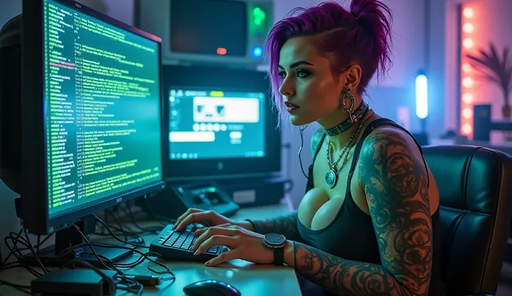 A cyberpunk hacker with a vibrant purple mohawk sits in a dimly lit room filled with tangled cables and flickering neon lights. Her cybernetic hands are connected to a cluster of glowing cables, interfacing with holographic screens that float around her. T...