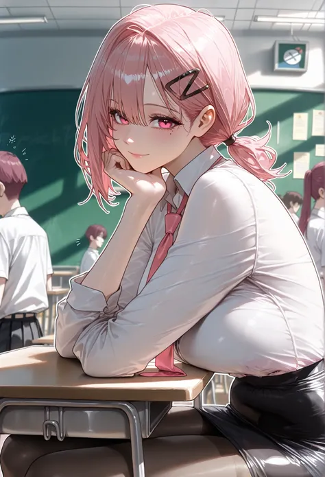 (masterpiece, high resolution, 2k resolution, best quality), (1girl, perfect anatomy, perfect face),
((pink hair), short hair, triangle hair clip), (pink eyes, perfect eyes),
white button shirt, pink tie, Tube skirt, Knee length pantyhose), Narrow shoulder...