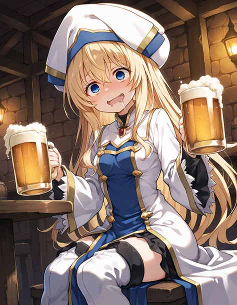 score_9, score_8_up, score_7_up, anime_source, priestess(goblin_slayer),blonde hair,blue eyes,hat,white headwear,long sleeves,hair between eyes,thigh boots,wide sleeves,small breasts,(drooling:1.5),(drunken eyes:1.3),(Drinking Beer from mug),sitting,Tavern...