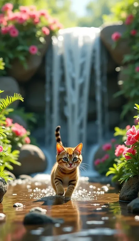 one brown tabby cat playing alone in the garden there is a beautiful flower waterfall very realistic picture