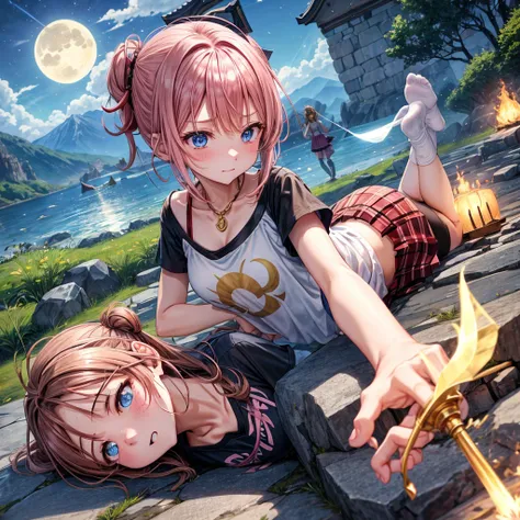 pink brown hair、 blue eyes、 with hair tied、Two cute、 Plaid Mini Skirt、 BLACK T-SHIRT、 light clothing、 One Piece、 camisole、 high socks、Teeth are visible、The stone is cracked、 the road is crooked、Mountain々、diagonal、 monsters、fog、 Aurora、moon、 shooting star、n...