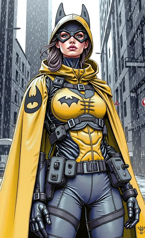 Create a colorful bold line vector illustration of A female superhero stands confidently in a narrow urban alleyway, the atmosphere filled with a sense of adventure. She wears a modernized, high-tech version of a bat-themed costume, featuring a sleek, form...