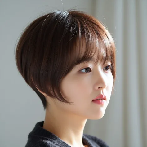  park bo young, a famous South Korean celebrity, with a Extreme Very Short Masculine Two Block Haircut with undercut. The haircut is clean and precise, with detailed texture in the hair. The scene is naturally lit, emphasizing her refined and stylish look,...