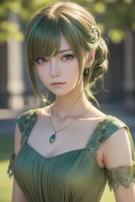  close-up of a woman in a green dress and necklace,  Gwyse Style Painting ,  Realistic Anime 3D Style , BEAUTIFUL ANIME STYLE PORTRAIT ,  ANIME REALISM STYLE ,  detailed portrait of an anime girl, Beautiful Portraits, Jan J,  Stunning Anime Face Portraits ...