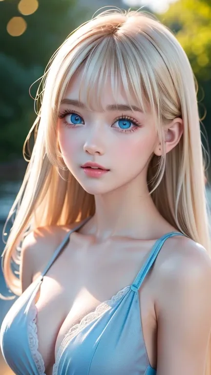  Mastepice,  Best Quality , Illustration, Super detailed,  Fine Details ,  high resolution,  8K wallpaper ,  perfect dynamic composition, Beautiful detailed bright shining pale sky baby blue eyes,  women's fashion summer, super long platinum blonde hair 、目...