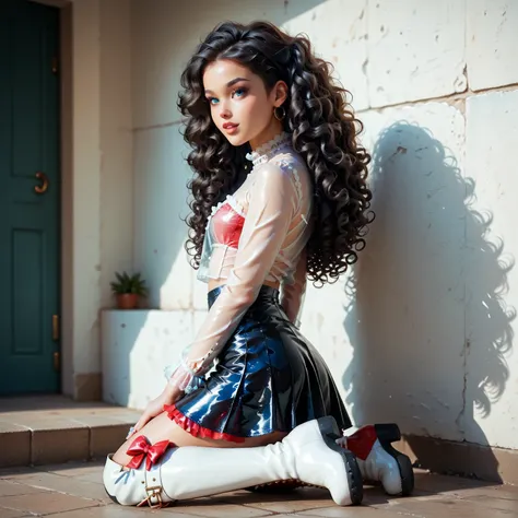 young lady transparent blouse short skirt,white overknee boots big long black curly hair