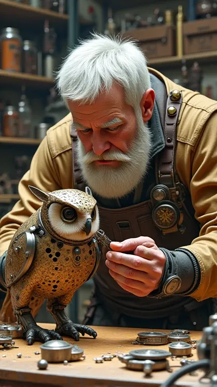 Steampunk tinkerer, a male with white hair and short white beard, goggles on forehead, gadgets/pockets/gizmos on his clothing, building a robotic owl on a bench in a workshop