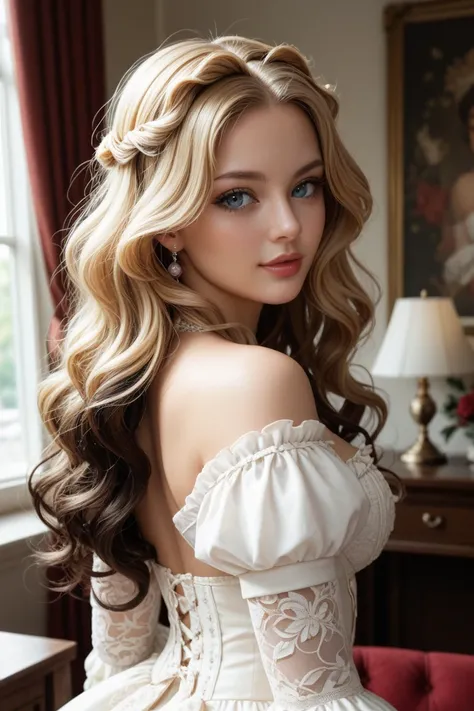  Details Eyes 、1 person、18 years old、 beautiful eyes、 beautiful woman、 blonde、 long wavy hair 、 model-like style 、European women、black colored lolita fashion clothes、Basement Room 