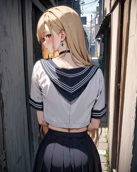 Back Alley,  sailor suit, blush, kitagawa marin, whole body,  1girl , blonde hair, long hair, multicolored hair, red eyes, jewelry, earrings, piercing, black choker, masterpiece:1.5, masterpiece, highest quality, UHD, retina, masterpiece, accurate anatomy,...