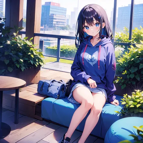 (masterpiece,  best quality:1.2),  1 girl,  alone, hoodie、Sitting on a blue cushion